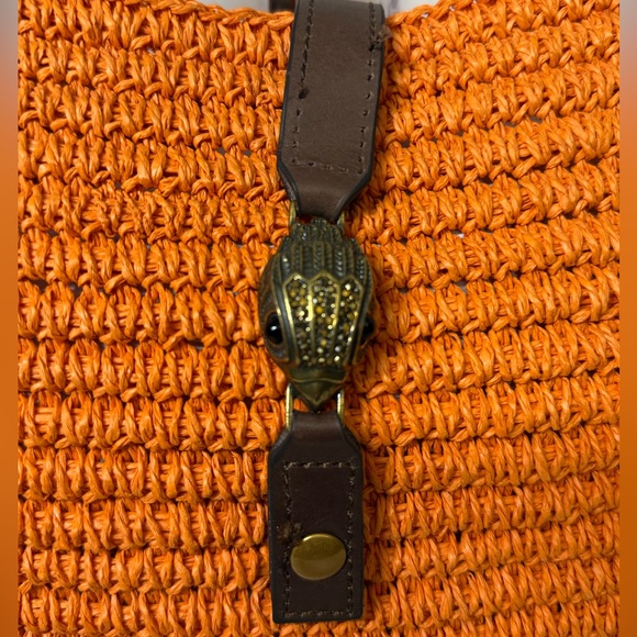 KURT GEIGER Hampton Raffia and Leather Shoulder Tote Bag Orange Brass Eagle Head - Picture 4 of 16